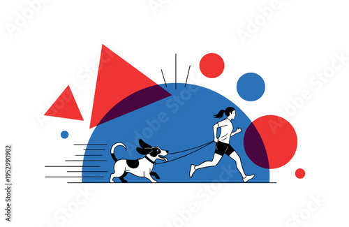 monochrome playful dog slightly ahead pulling runner forward, surrounded by bold blue semicircle and red flat shapes, thin radiating lines implying excitement
