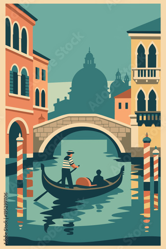 Vintage Venice Italy Travel Poster with Gondola and Venetian Architecture