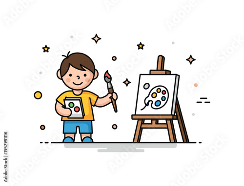 Schoolchildren art class activity showing a child with a paintbrush and a small easel icon, symbolizing creativity, self expression and joyful learning. The