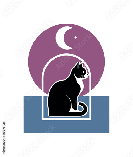 Black and white black cat sitting in profile with arched back, oversized plum circle behind the silhouette, muted cobalt geometric block anchoring the base,