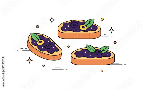 Bruschetta with olive tapenade emphasizing bold Mediterranean flavors and artisanal cooking. Dark olive spread contrasts with fresh herb leaves and subtle star