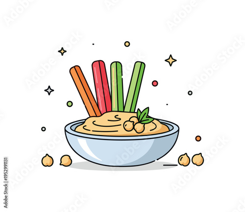 Vegan friendly dip snack showing bright vegetable sticks paired with a creamy chickpea spread in a simple round bowl, expressing plant based lifestyle and