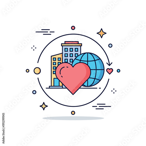 Corporate social responsibility concept badge circular emblem combining a building, heart and globe symbol, representing community impact and moral
