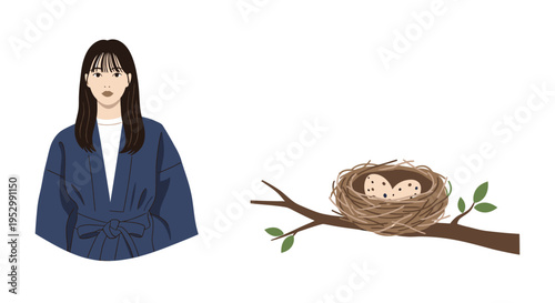 Young woman and bird's nest with eggs on a branch, conceptual illustration