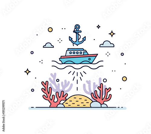 Coral reef damage from tourism featuring a simplified reef with faded coral shapes beneath a boat and anchor above, expressing environmental vulnerability and