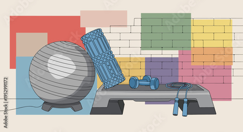 A modern fitness illustration featuring a gym ball and various workout equipment against a colorful brick wall