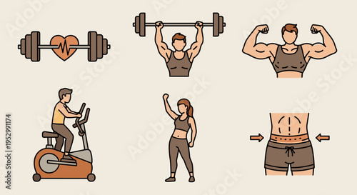 A collection of fitness-themed icons featuring weightlifting, cycling, and muscle building in a modern flat style