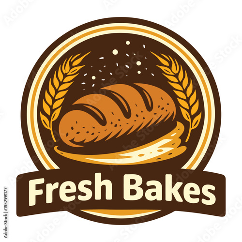 Vintageinspired logo design featuring a freshly baked loaf of bread surrounded by wheat stalks and flour sprinkles