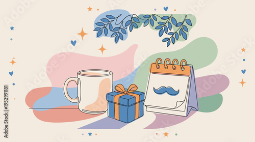 A cozy illustration featuring a coffee mug, gift box, and calendar, with a modern, playful style suitable for lifestyle themes