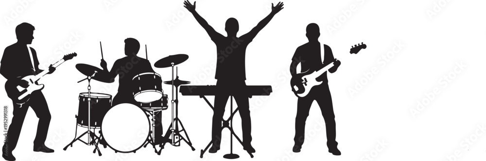 Fototapeta premium Silhouette of a rock band performing on stage with musical instruments