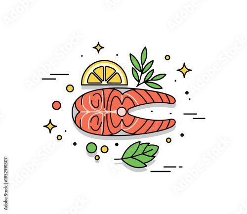 Gourmet seafood dish featuring a stylized salmon fillet with lemon slice and herbs arranged as a balanced restaurant-quality presentation. Clean lines and