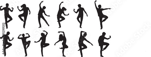 Silhouette of multiple dancers in various poses on white background