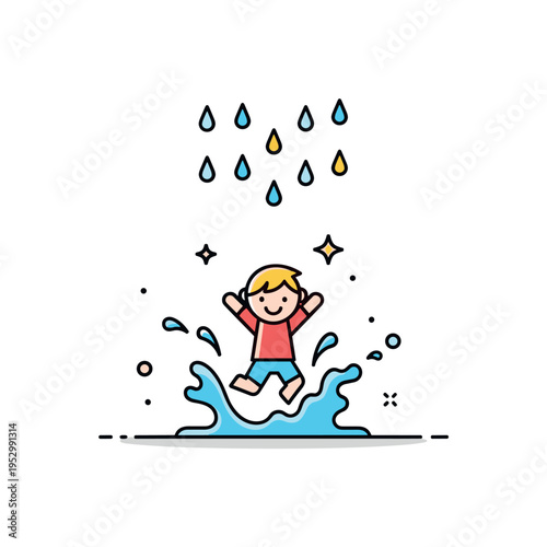 Child jumping in puddles playful scene centered on a small character splashing water upward as raindrops fall rhythmically from above, expressing