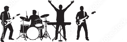 Silhouette of a rock band performing on stage with musical instruments