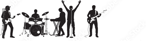 Silhouette of a rock band performing on stage with instruments