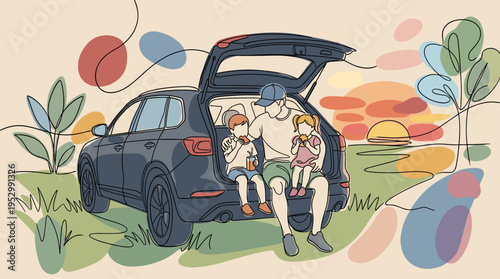 A family enjoying a picnic by their car, illustrated in a modern, minimalist style with soft colors