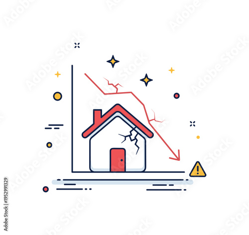 Housing market crisis depicted by a simple house icon intersected by a downward graph line, symbolizing property value decline and mortgage stress. Subtle