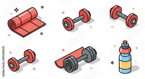 A vibrant collection of fitness icons including a yoga mat, dumbbells, and a water bottle in a flat design style