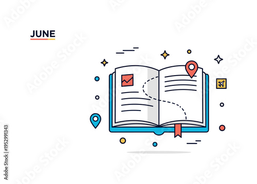 June vacation planning concept centered on an open guidebook with simple map lines and a tiny location pin, symbolizing route discovery and organized travel