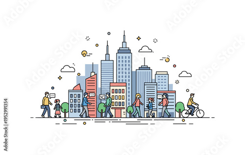 Urban lifestyle and social interaction centered on a compact city skyline with small people icons walking, chatting and cycling, reflecting everyday rhythm and