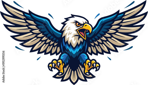 Fierce cartoon mascot illustration of a powerful bald eagle mascot spreading massive wings aggressively with sharp talons extended ready for an attack