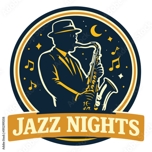 Vintageinspired logo design featuring a silhouette of a saxophonist playing under a night sky with musical notes and stars