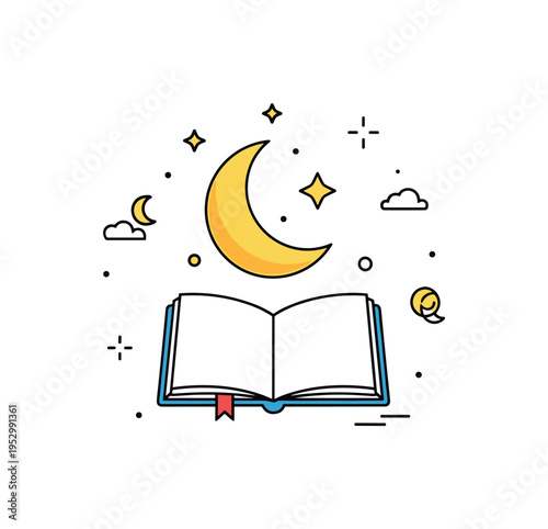 Magical bedtime imagination theme centered on a crescent moon hovering above an open book with subtle star accents, symbolizing dreams and night time tales.