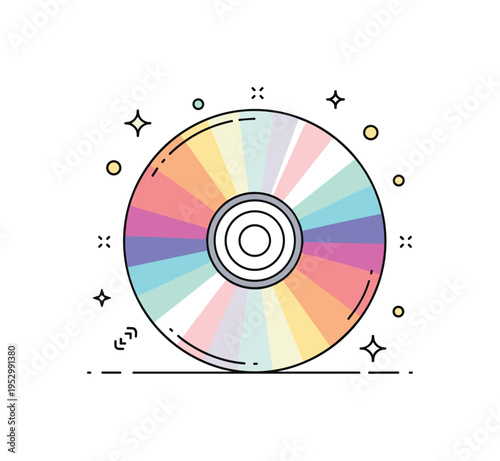 CD disc rainbow reflection concept centered on a compact disc with subtle spectrum streaks across its surface, expressing iridescence and modern nostalgia. The