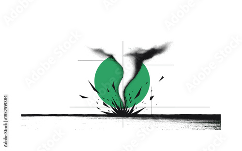 black and white landscape horizon with tornado touching ground, large green circular backdrop behind funnel and black angular shapes dispersing at base, subtle