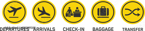 Airport Icon Set Yellow Circle – Departures, Arrivals, Check-In, Baggage, Transfer Travel Symbols