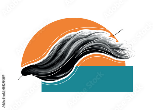 Black and white flowing hair extension caught mid-motion as if flipped, oversized warm orange semicircle framing the upper arc, bold teal rectangular block