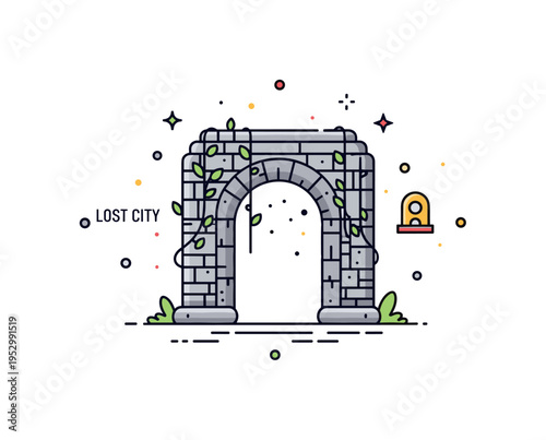 Lost city discovery theme built around a simplified stone archway with climbing vines and tiny dust spark accents, expressing wonder and forgotten grandeur.
