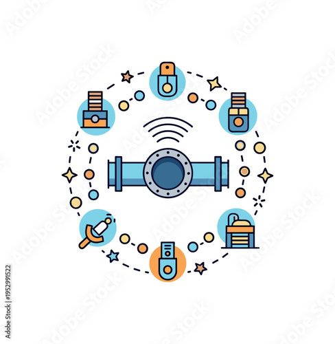 Pipeline integrity monitoring concept with connected sensor icons surrounding a central pipe element expressing continuous tracking and predictive maintenance.
