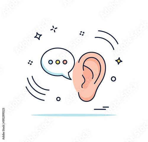 Whisper sound illustration featuring a small speech bubble gently approaching an ear icon, symbolizing quiet communication and attentive perception. Subtle