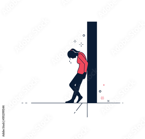 Silhouette leaning against a wall in darkness with head lowered symbolizing exhaustion and emotional pain. A faint light line on the floor adds contrast and
