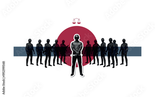 Black and white unarmed figure holding nothing but standing firm while geometric soldier silhouettes form rigid grid, oversized deep crimson circle behind the