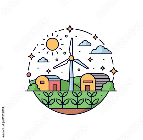 Climate resilient farming through clean energy depicted by a farm landscape combining sun, wind turbine, and thriving crops in a balanced circular emblem. The