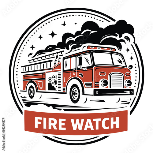 Vintagestyle illustration of a classic red fire truck in action with smoke and fire elements depicted around it