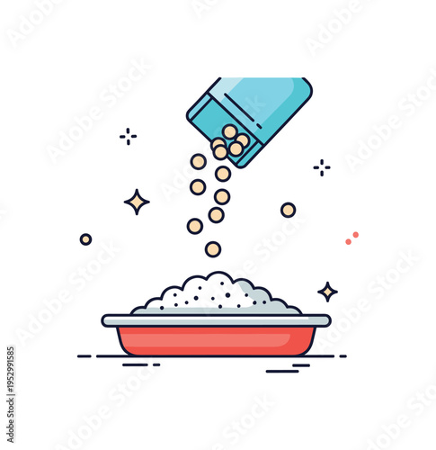 Fresh litter refill moment showing a clean tray with small granule shapes pouring in from above suggesting renewal and comfort for pets. Tiny decorative