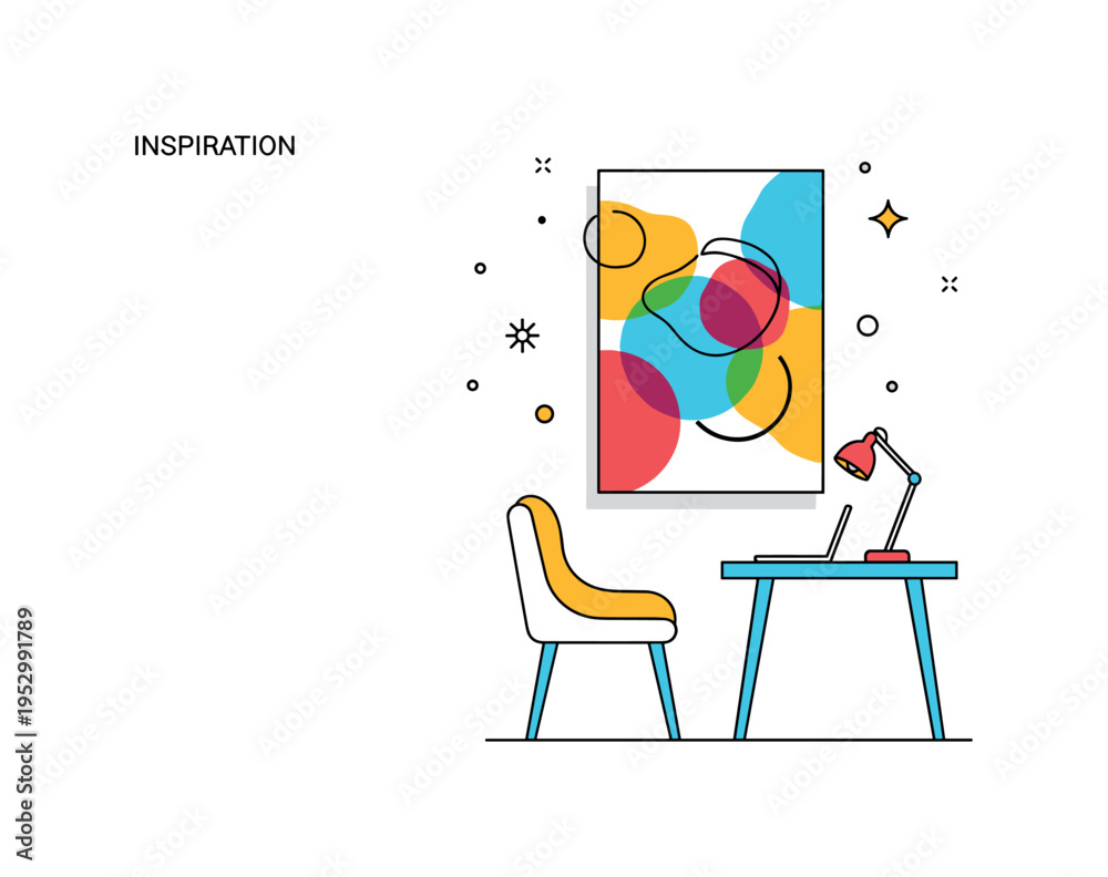 Fototapeta premium Inspiration wall and workspace concept showing a minimal chair and table placed beneath a bold abstract painting. The image reflects individuality,