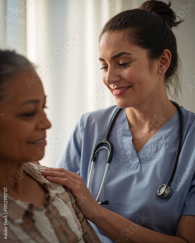 Healthcare professional in scrubs with stethoscope gently placing hand on patient shoulder while smiling in a bright clinical setting conveying care trust and supportive medical interaction