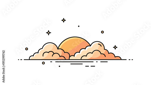 Golden hour sky photography theme featuring a low sun partially hidden behind stylized clouds with warm gradient accents, symbolizing fleeting light and