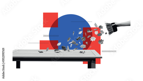 monochrome outdoor table surface with scattered leaves being brushed away, electric blue circular backdrop and red rectangular overlays intersecting