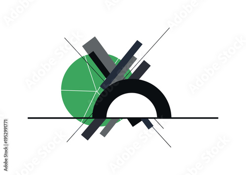 black and white semicircle resting on thin baseline, large green geometric circle partially hidden behind and black rectangular fragments layered diagonally,