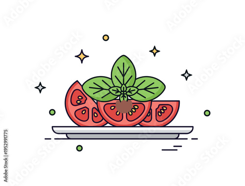 Fresh basil garnish concept featuring a small plate with tomato slices topped by bright basil leaves, expressing classic flavor pairing and vibrant