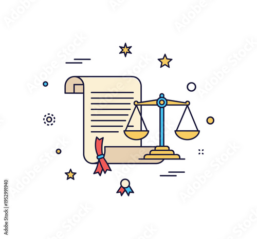 Constitutional authority illustration built around a document scroll icon paired with a balanced scale symbol, expressing rule of law and sovereign decision