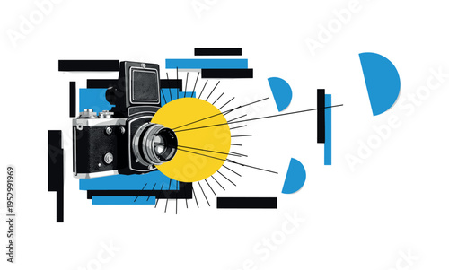 vintage camera in black and white capturing flash burst, oversized yellow circle representing flash glow with blue semicircles expanding outward, abstract