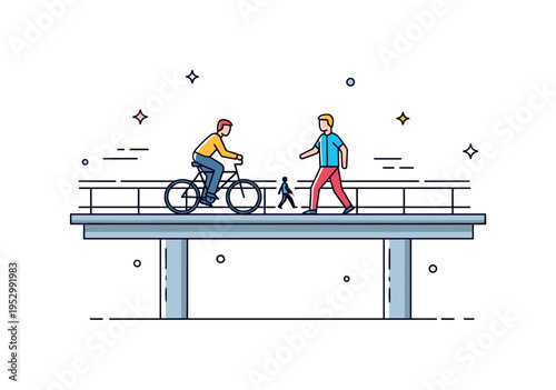 City overpass walkway with a cyclist and pedestrian sharing the path expressing coexistence and urban mobility. Clean lines and small motion accents highlight