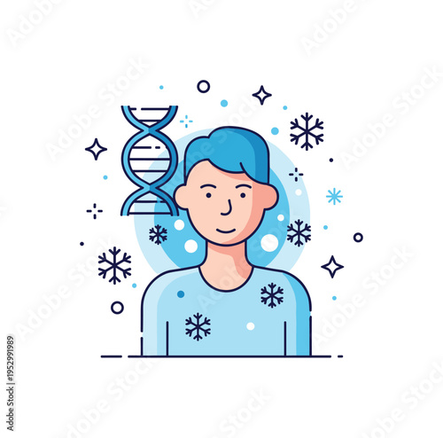 Genetic adaptation to extreme cold climate illustrated by a simplified human silhouette with a subtle DNA strand overlay and snowflake icons, expressing