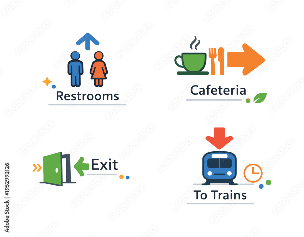 Naklejka premium Navigation signage system guiding movement through a clean public space, using arrows and symbols to communicate direction, clarity, and confidence